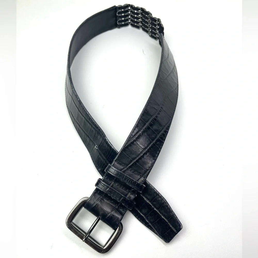 Suzi Roher Women's Black Stretch Embossed Leather Statement Chain Belt